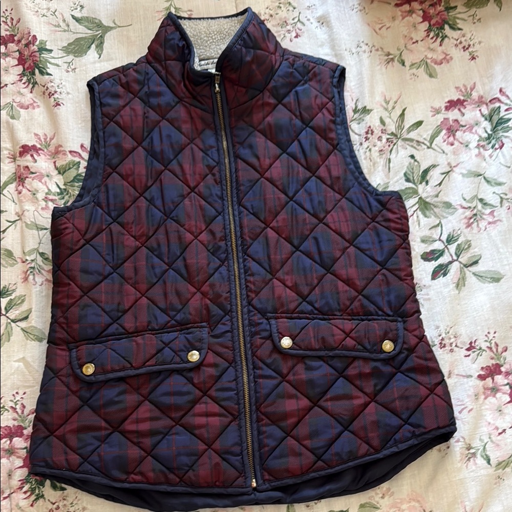 Blue and Red Quilted Vest with Stand-Up Collar